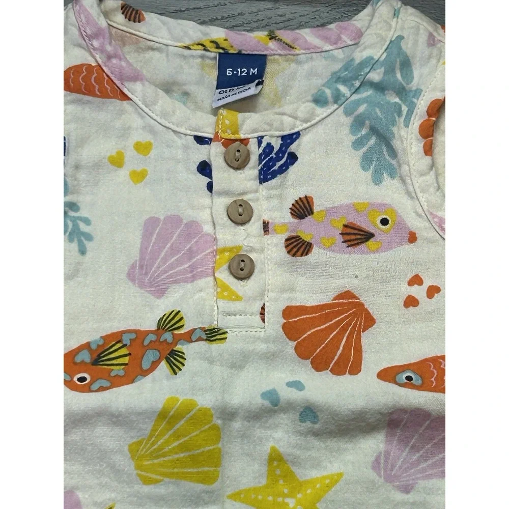 Old Navy Baby Double Weave Tank Top And Short Set Sz 6-12 Months Fish Seashells